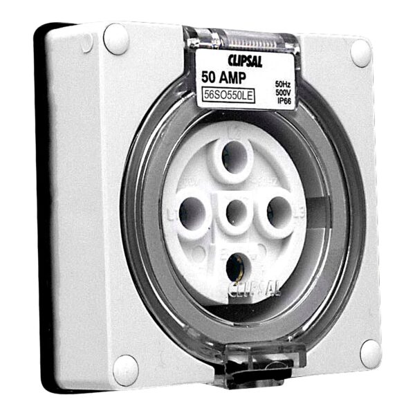 56SO550LE-GY | Clipsal – 56 Series, Socket Outlets, Surface Sockets – IP66, 500V 50A – 5 Round Pins – Schneider Electric
