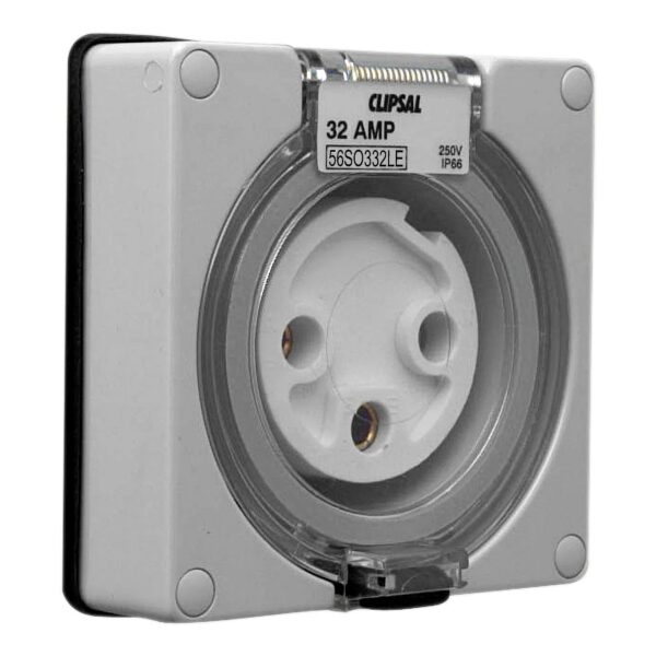 56SO332LE-GY | Clipsal – 56 Series, Socket Outlets, Surface Sockets – IP66, 250V 32A – 3 Round Pins – Schneider Electric