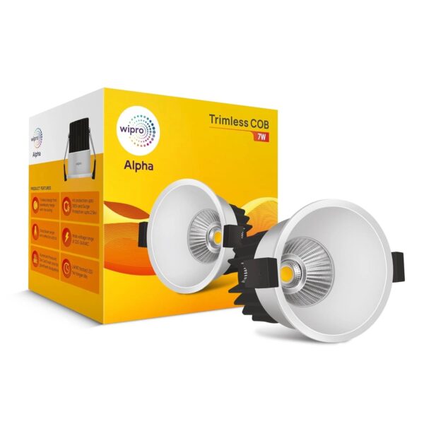 DC030727.jpg Wipro 7W Alpha Trimless COB LED Light – Warm White (2700K), 540 Lumens | 36° Beam Angle, 55mm Cutout | Aluminium PDC Heat Sink | Ideal for Home, Office & Store Display | Pack of 1 | Model DC030727