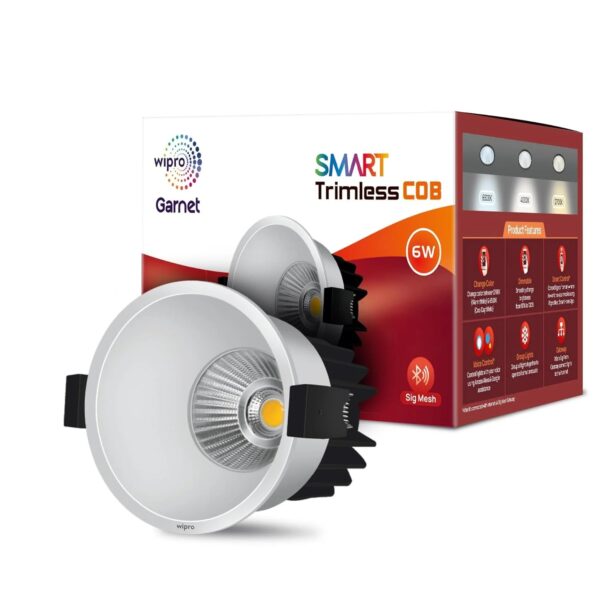 DS50610.jpg Wipro Garnet 6W Smart Trimless COB Spotlight, CCT White Tuneable & Dimmable, 24° Beam Angle, Bluetooth Control, Alexa/Google Assistant Compatible, Model DS50610