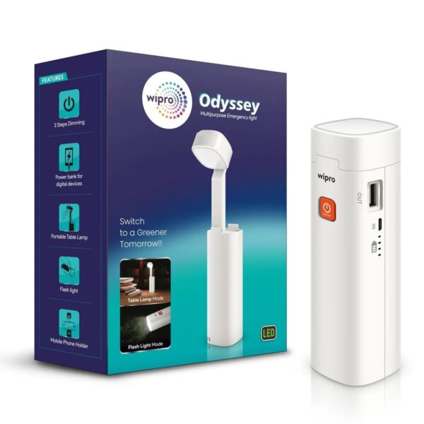 E2808ECL0015.jpg Wipro Odyssey Multifunctional Rechargeable Emergency Light – Torch + Table Lamp, 3 Step Dimmer