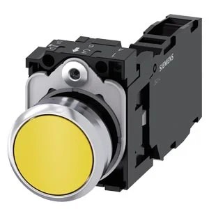 G_IC03_XX_08405i.jpeg 3SU11500AB301FA0 | Pushbutton, 22 mm, round, metal, shiny, yellow, pushbutton, flat, momentary contact type, with holder, 1 NO+1 NC – Siemens