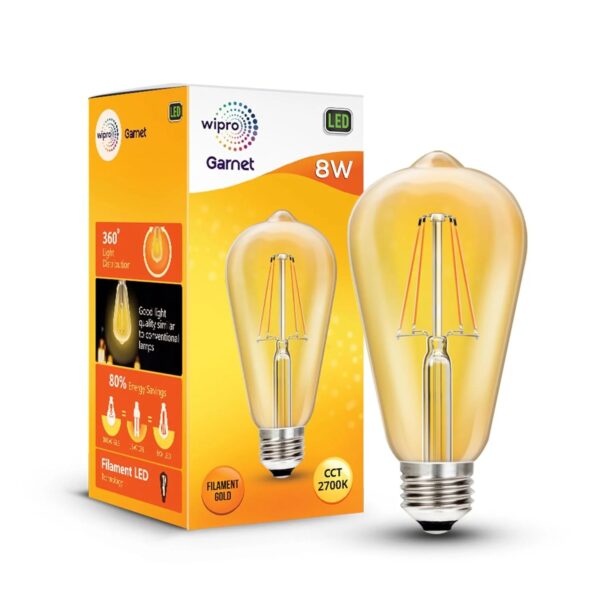 N81002.jpg Wipro Garnet 8W A60 LED Filament Bulb – Warm White (2700K), E27 Base | Decorative & Energy-Efficient Bulb with In-Built Surge Protection | Ideal for Home & Office Décor | Pack of 1 | Model N81002