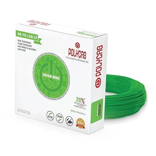 Polycab-green.jpg 0.75Sqmm, Green | Polycab Maxima+ | Green Wire HR FR-LSH LF | PVC Insulated Copper Cable 90Mtrs