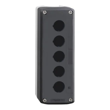 XALD-K_660_CPFJR17005_web.jpg XALD05 | Empty enclosure, plastic, dark grey lid, for push button Ø22, 5 cut-outs – Schneider Electric