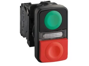 XB5AW84B5N | ill double-head pushbutton, Harmony XB5N XB7N, plastic,22mm, 1 green flush + 1 red projecting, marked, 24V AC DC, 1NO 1NC – Schneider Electric