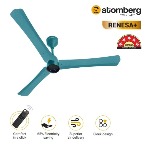 Atomberg Renesa+ 1200 mm BLDC Ceiling Fan with Remote Control & LED Indicators | Aegean Blue