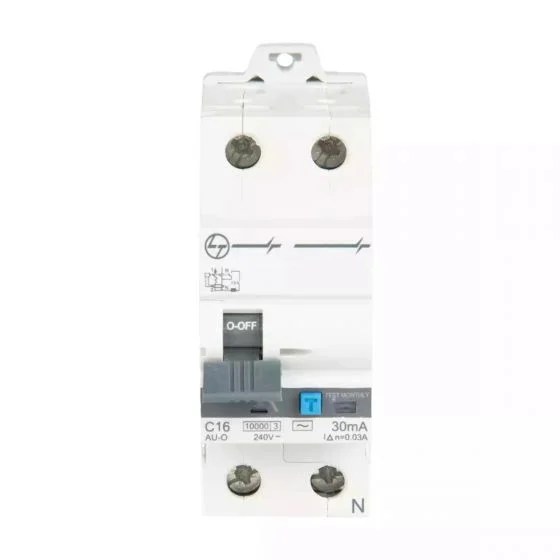 auf3c201603_au-o_rcbo_standard_30c_2p_c16_30ma_front.jpg AU RCBO 25A DP 240V AC 10kA 100mA C Curve | L&T