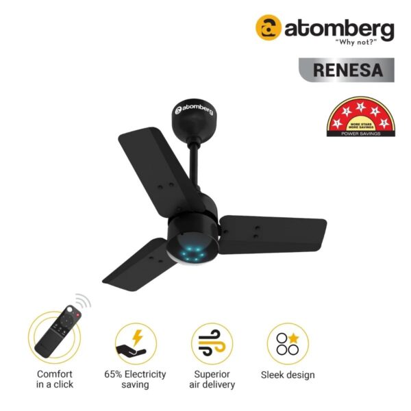 black2.jpg Atomberg Renesa 600 mm BLDC Ceiling Fan with Remote Control & LED Indicators | Midnight Black