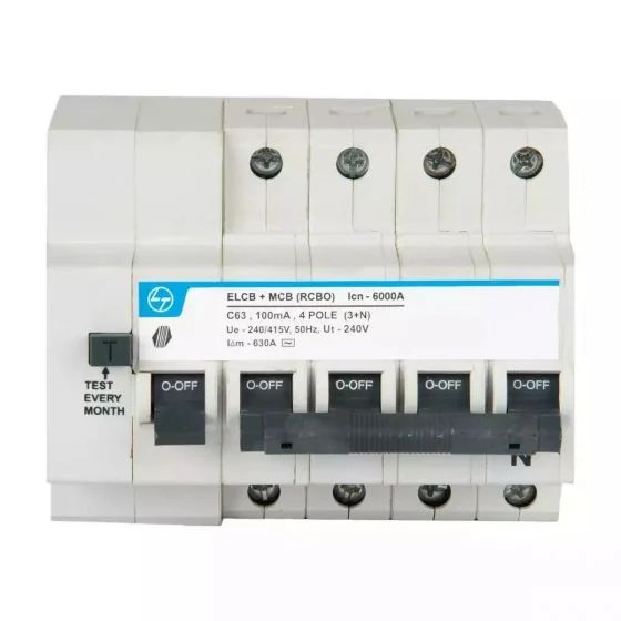 cb90004ooho_63a_4p_elcbmcb-100ma_front.jpg Tripper RCBO(EL+MCB) 40A FP 415V AC 6kA 100mA C Curve | L&T