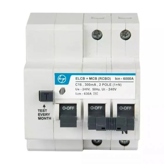cb90005oobo_16a_2pelcbmcb-300ma_front.jpg Tripper RCBO(EL+MCB) 16A DP 240V AC 6kA 300mA C Curve | L&T
