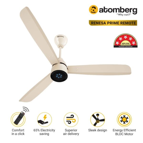 Atomberg Renesa Prime 1200 mm BLDC Ceiling Fan with Remote Control & LED Indicators | Seasand Ivory