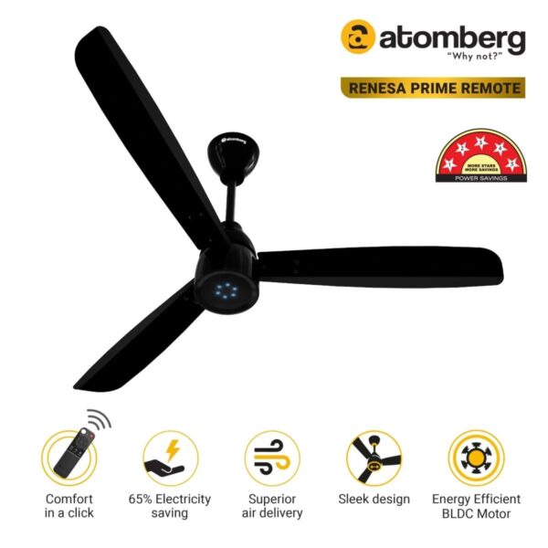 Atomberg Renesa Prime 1200 mm BLDC Ceiling Fan with Remote Control & LED Indicators | Gloss Black