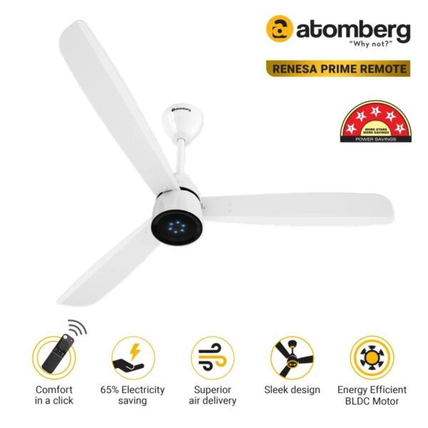 Atomberg Renesa Prime 1200 mm BLDC Ceiling Fan with Remote Control & LED Indicators | Gloss White