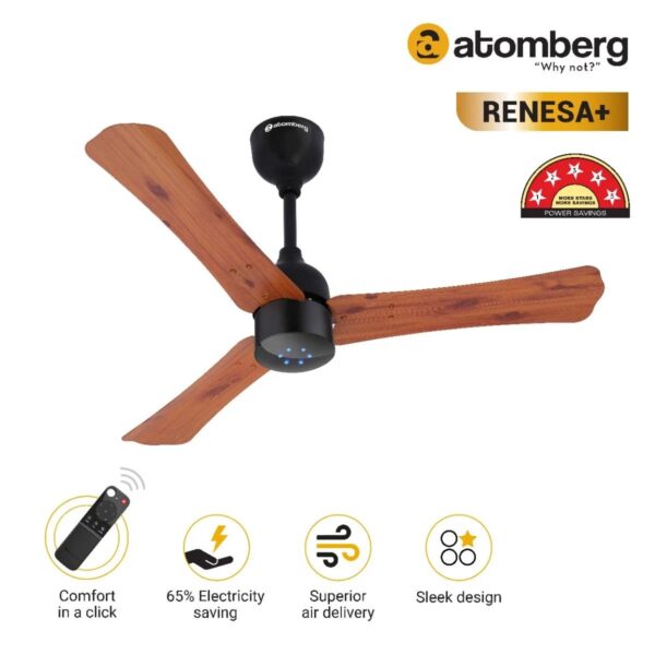 goldoakwood2_1.jpg Atomberg Renesa+ 900 mm BLDC Ceiling Fan with Remote Control & LED Indicators | Golden Oakwood