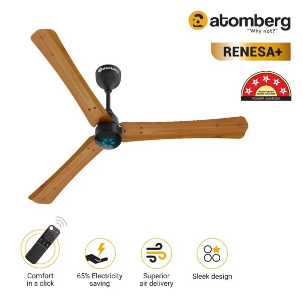 Atomberg Renesa+ 1200 mm BLDC Ceiling Fan with Remote Control & LED Indicators | Golden Oakwood