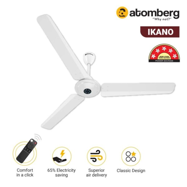 ikano_1400_pli_white2.jpg Atomberg Ikano 1400 mm BLDC Ceiling Fan with Remote Control & LED Indicators | Gloss White