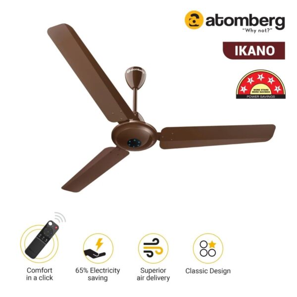 ikano_brown_2.jpg Atomberg Ikano 1200 mm BLDC Ceiling Fan with Remote Control & LED Indicators | Gloss Brown