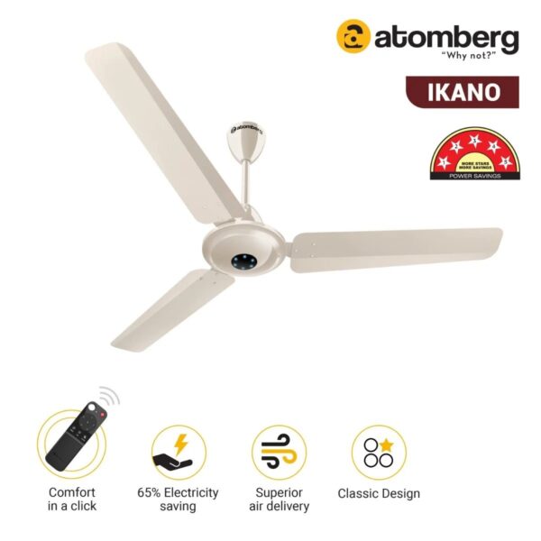 ikano_ivory_2.jpg Atomberg Ikano 1200 mm BLDC Ceiling Fan with Remote Control & LED Indicators | Gloss Ivory