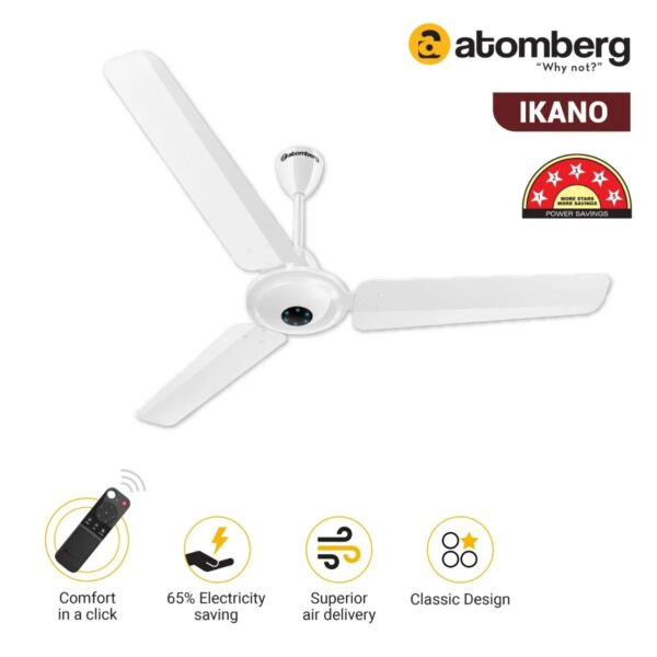 ikano_white_2.jpg Atomberg Ikano 1200 mm BLDC Ceiling Fan with Remote Control & LED Indicators | Gloss White