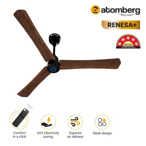 Atomberg Renesa+ 1200 mm BLDC Ceiling Fan with Remote Control & LED Indicators | Dark Walnut