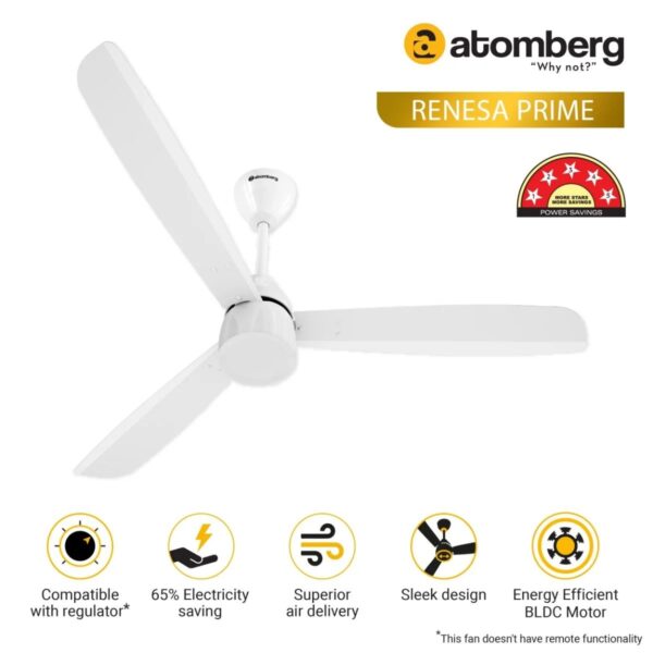 Atomberg Renesa Prime 1200 mm BLDC Ceiling Fan with Regulator | White