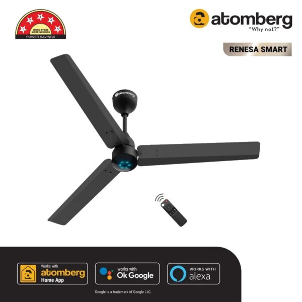 renesa_smart_hero_image_black.jpg Atomberg Renesa Smart 1200 mm BLDC Ceiling Fan with IoT, Remote Control & LED Indicators | Midnight Black