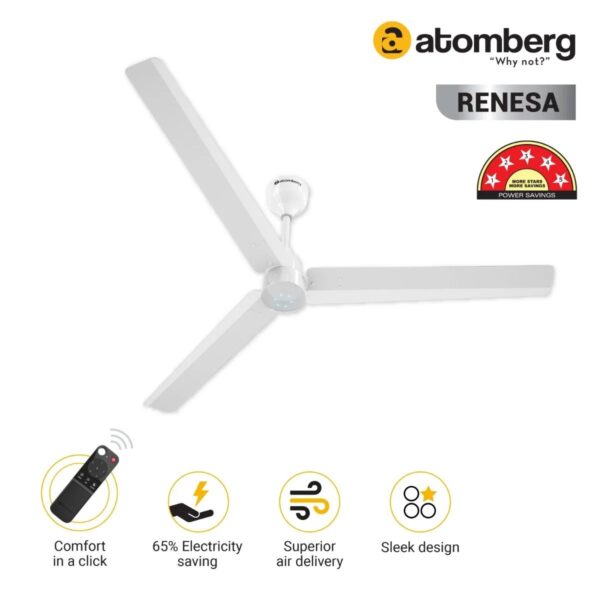 white_2__1.jpg Atomberg Renesa 1400 mm BLDC Ceiling Fan with Remote Control & LED Indicators | White