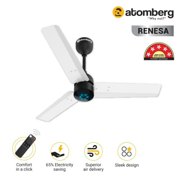 Atomberg Renesa 900 mm BLDC Ceiling Fan with Remote Control & LED Indicators | White & Black